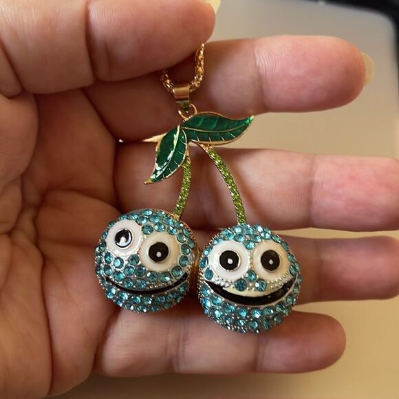 Blue Crystal Enamel Charm Cherry Pendant Sweater Chain Necklace NWOT - Picture 1 of 5